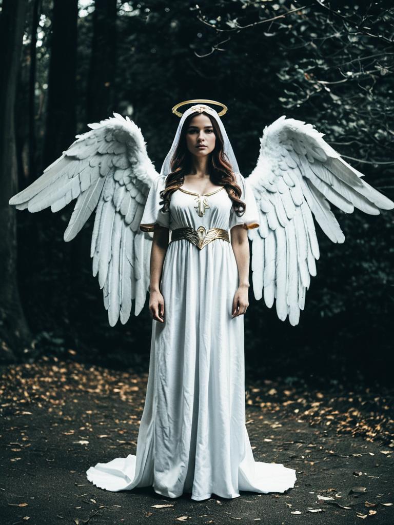 Woman in Angel Costume Full Body Cosplay Photo Cinematic Realism