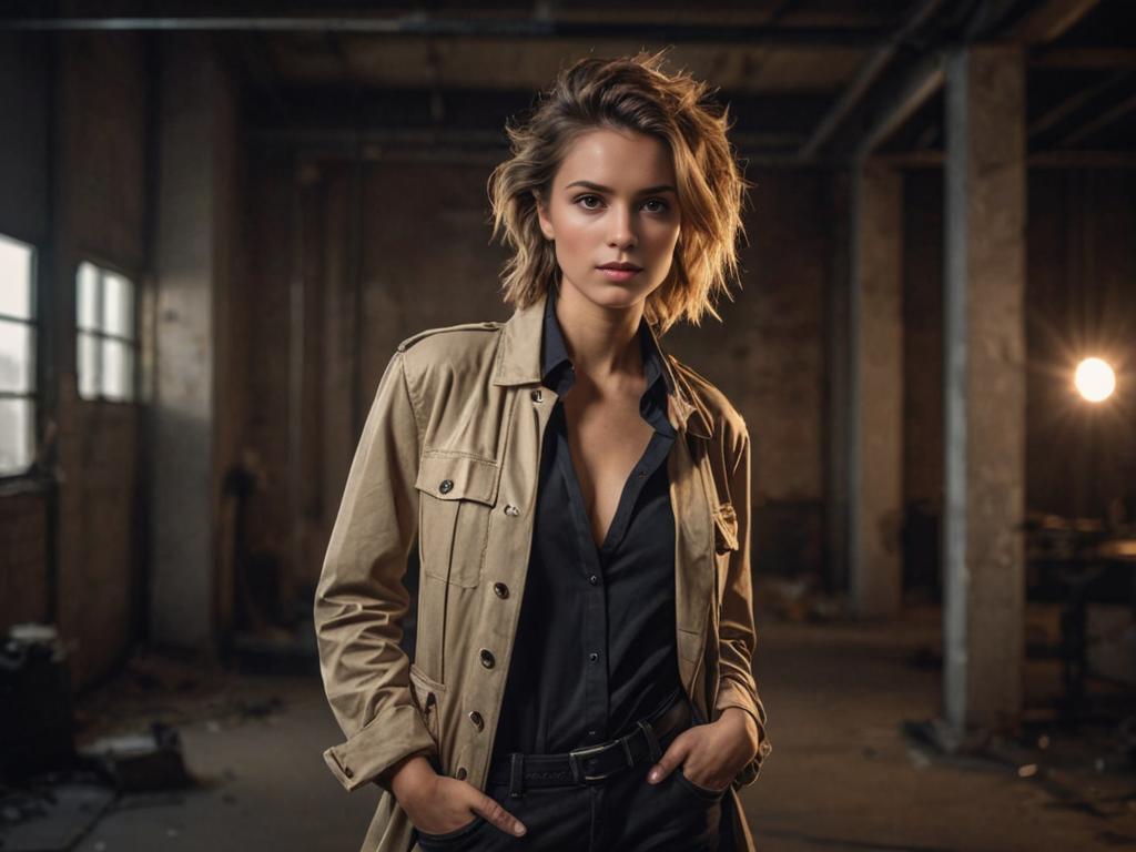 Confident woman in trench coat in industrial setting