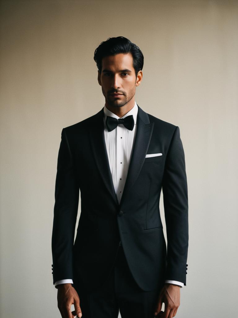 Man in Classic Wedding Tuxedo with Cinematic Realism and Dramatic Editorial Style