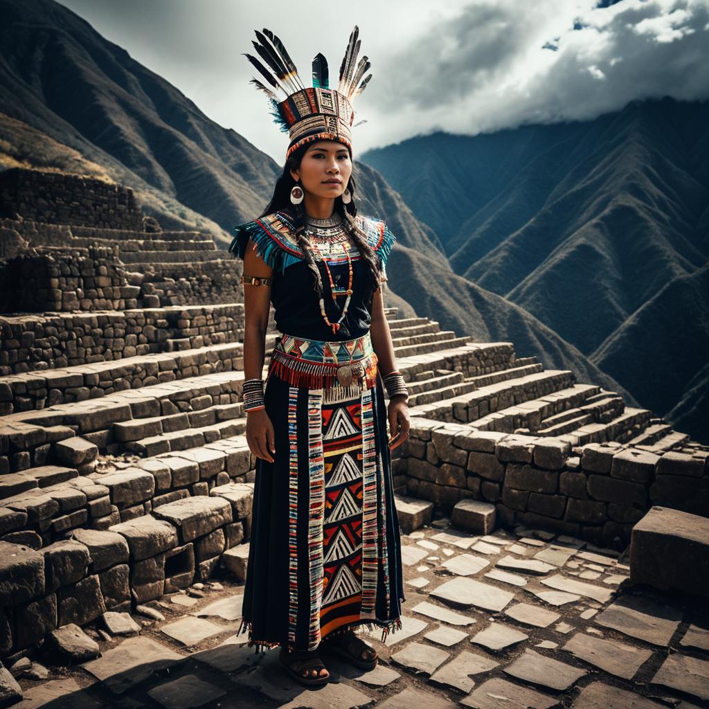 Indigenous Woman in Traditional Dress on Ancient Stone Terraces with Mountain Background