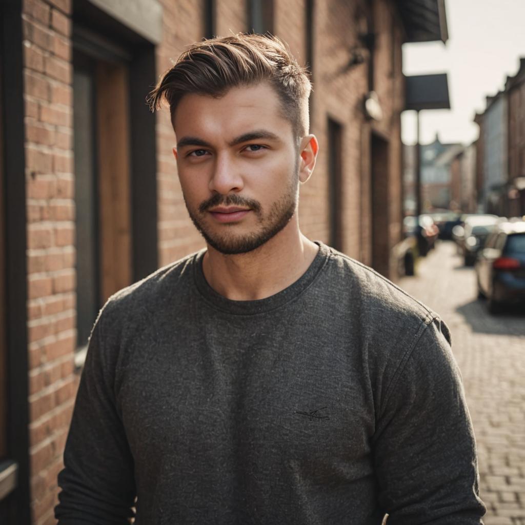 Confident Man with Modern Viking Haircut in Urban Setting