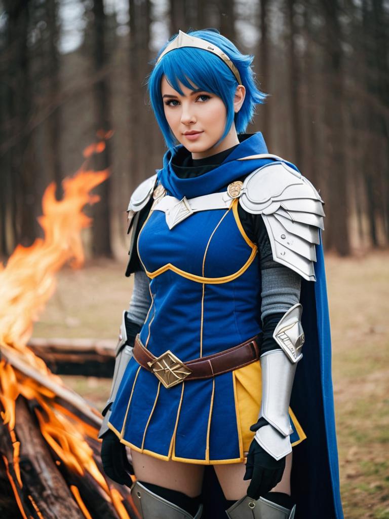 Realistic Catria Cosplay from Fire Emblem with Blue Armor and Forest Background