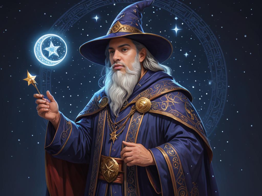 Wizard in Byzantine Hat Against Celestial Sky