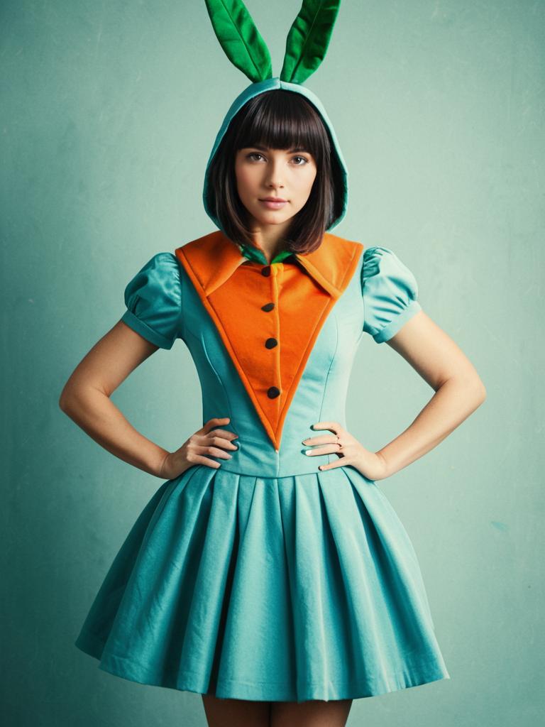 Realistic Carrot Cosplay Woman in Detailed Costume with Leaf Hood