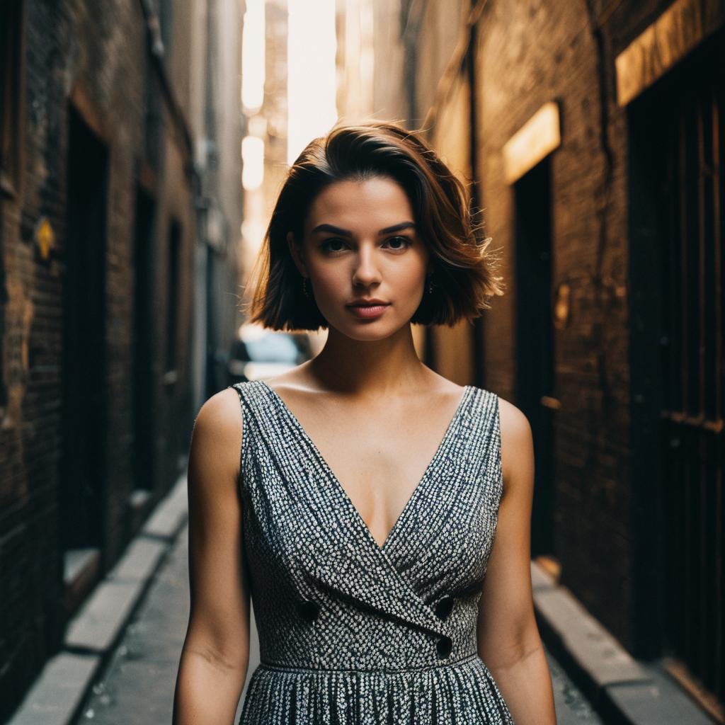 Confident Woman in Stylish Dress Standing in Urban Alleyway