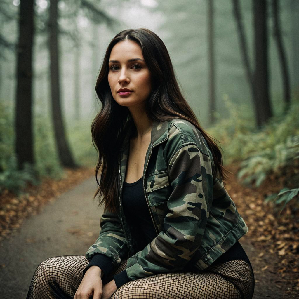 Woman in Camo Jacket on Forest Path