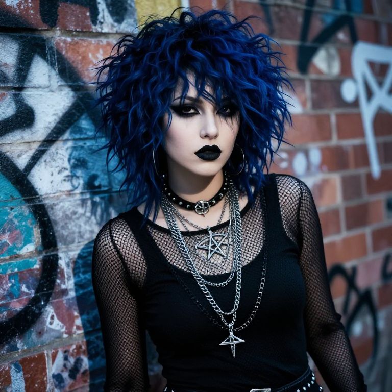 Gothic Woman with Blue Hair and Pentagram Jewelry Against Graffiti Wall