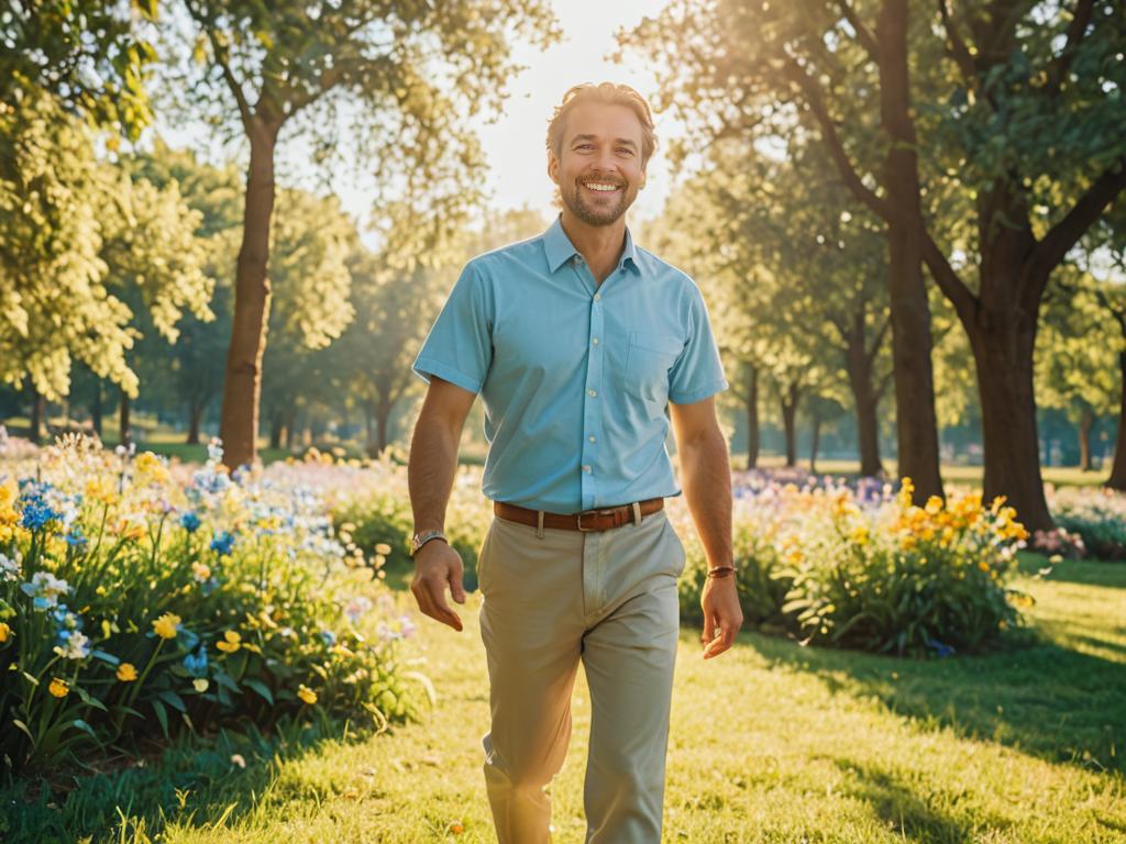 Happy man in a sunlit park with flowers