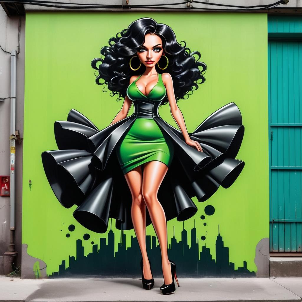 Vibrant Mural of Stylish Woman in Green Dress