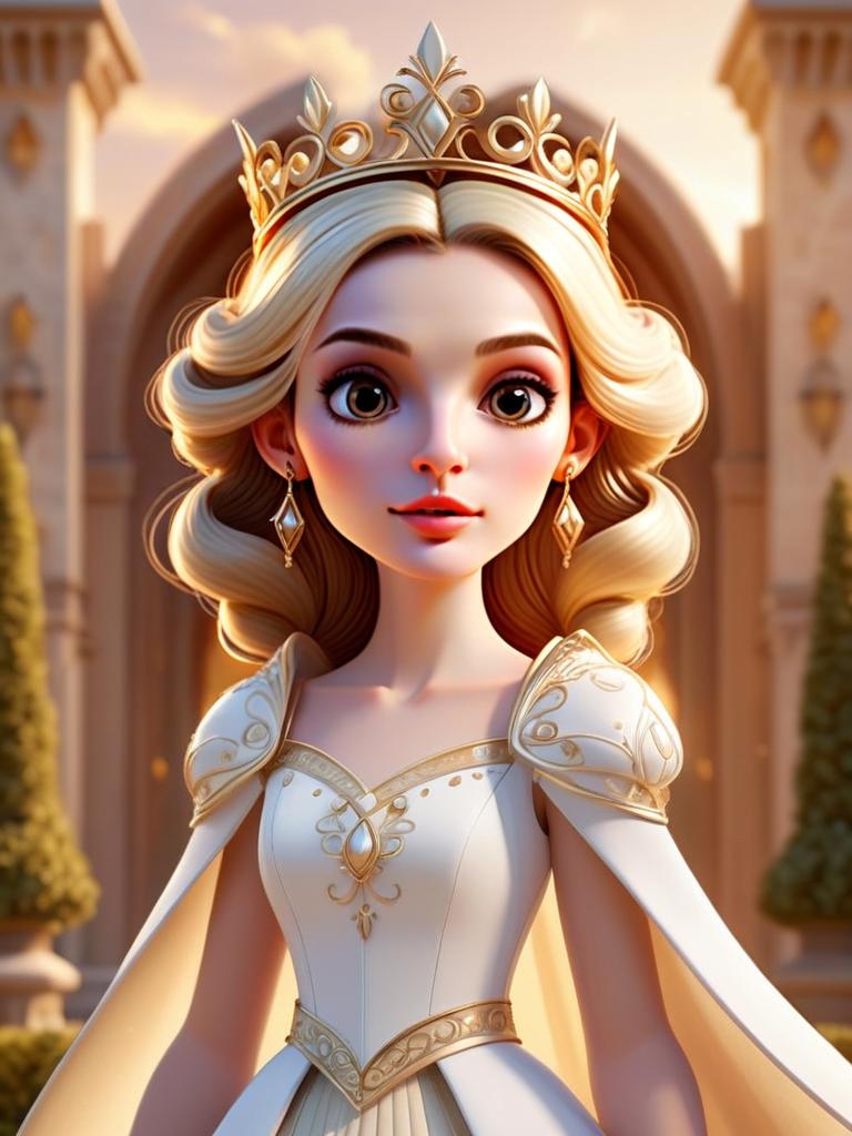 Digital 3D Animated Princess in White and Gold Gown with Crown