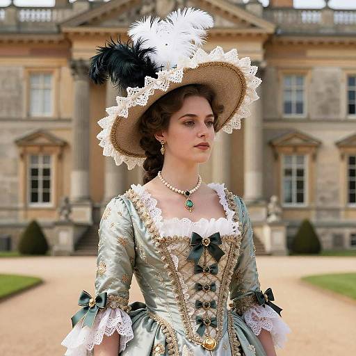 Woman in Elegant 18th Century Rococo Dress and Feathered Hat