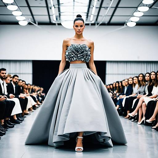 Elegant Woman in Silver-Gray High Fashion Dress on Runway