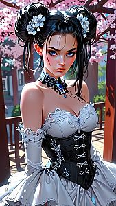Gothic-Inspired Woman Among Cherry Blossoms