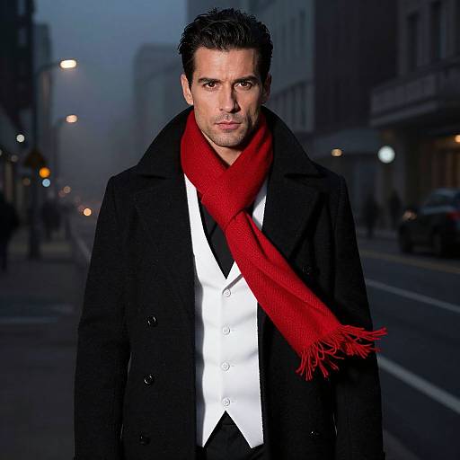 Man Wearing Black Coat and Red Scarf on Urban Street Evening