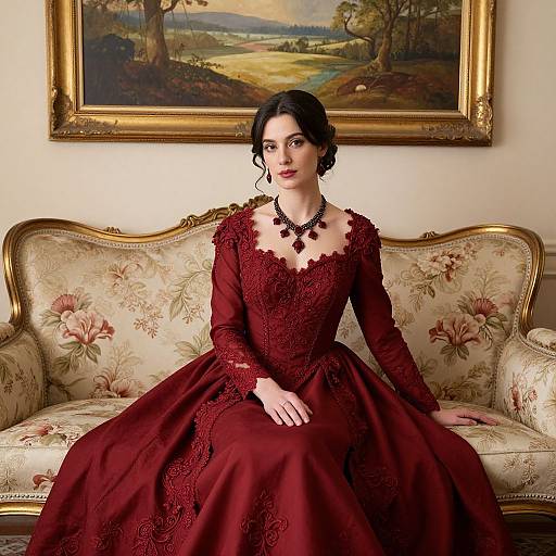 Victorian Woman in Elegant Burgundy Dress Sitting on Vintage Sofa