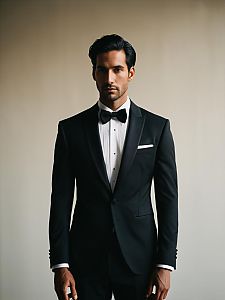 Man in Classic Wedding Tuxedo with Cinematic Realism and Dramatic Editorial Style