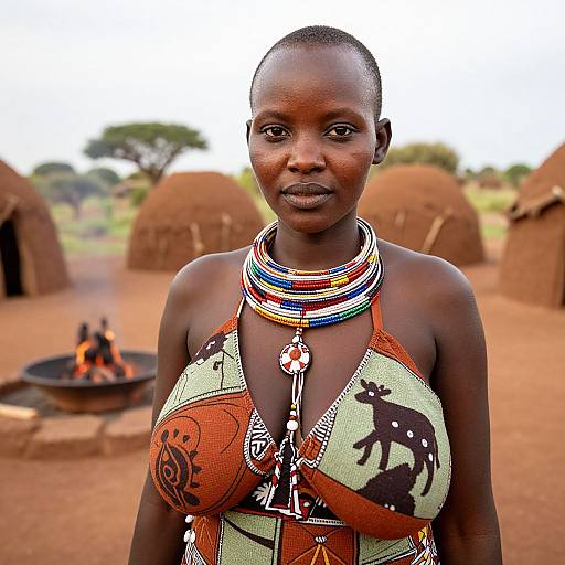 African Woman in Traditional Clothing and Beaded Necklaces in Village Setting