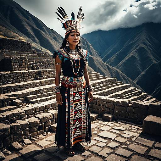Indigenous Woman in Traditional Dress on Ancient Stone Terraces with Mountain Background