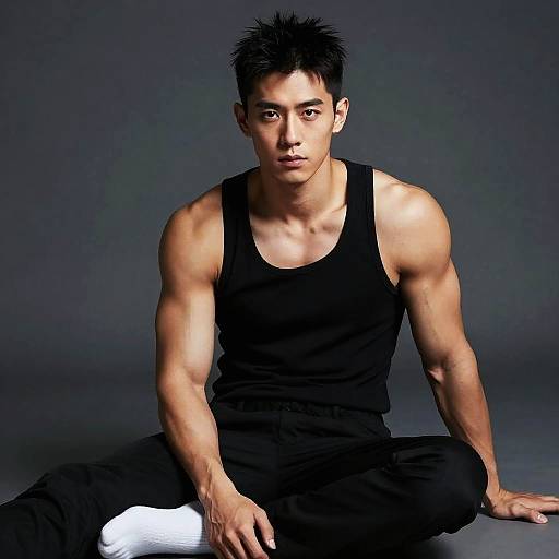 Portrait of Fit Young Man in Black Tank Top Sitting on Floor