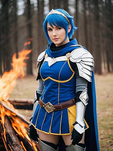 Realistic Catria Cosplay from Fire Emblem with Blue Armor and Forest Background