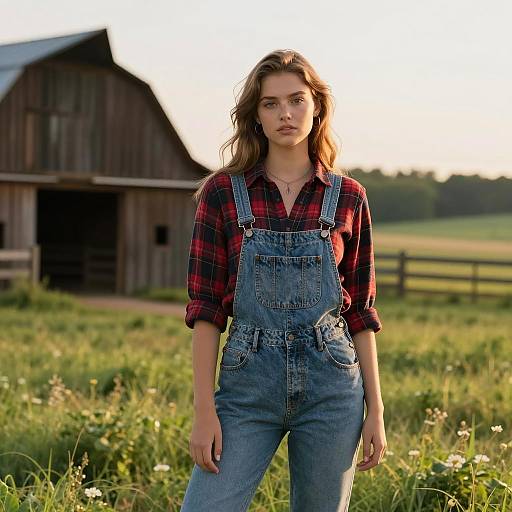 Young Woman in Denim Overalls and Plaid Shirt on Countryside Farm Field