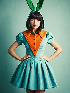 Realistic Carrot Cosplay Woman in Detailed Costume with Leaf Hood