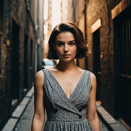 Confident Woman in Stylish Dress Standing in Urban Alleyway