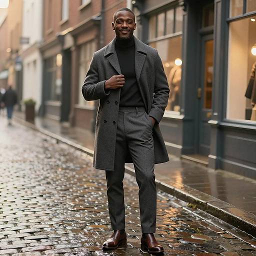 Stylish Man Wearing Gray Overcoat and Turtleneck Walking on Cobblestone Street