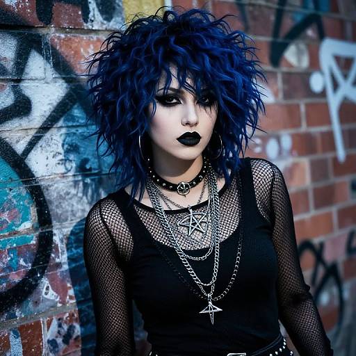 Gothic Woman with Blue Hair and Pentagram Jewelry Against Graffiti Wall