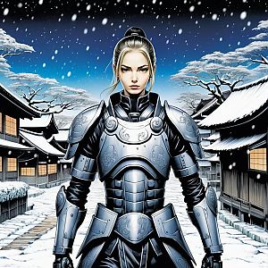 Determined Woman in Silver Armor in Snowy Village