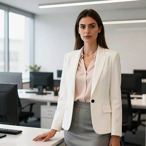 Professional Woman in White Blazer at Modern Office