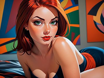 Hyper-Realistic Digital Portrait of Red-Haired Woman with Green Eyes and Abstract Background