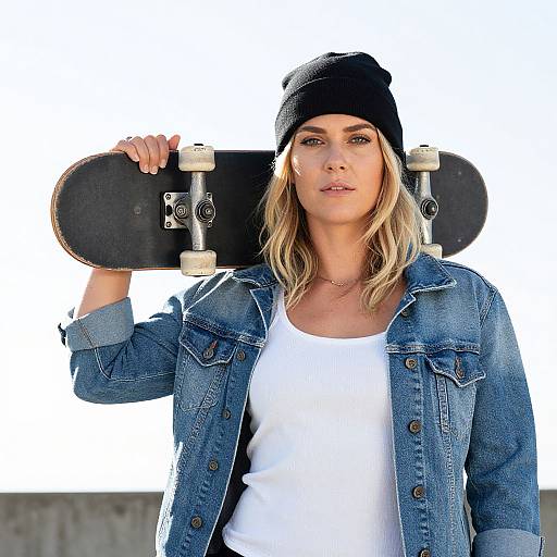 Confident Woman Holding Skateboard in Urban Denim Outfit