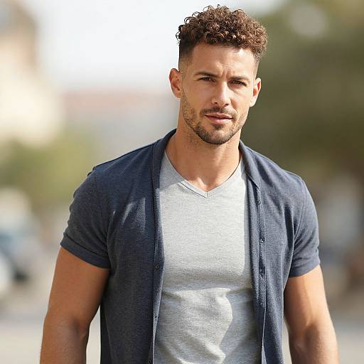 Confident Young Man with Curly Hair in Casual Outfit Outdoors