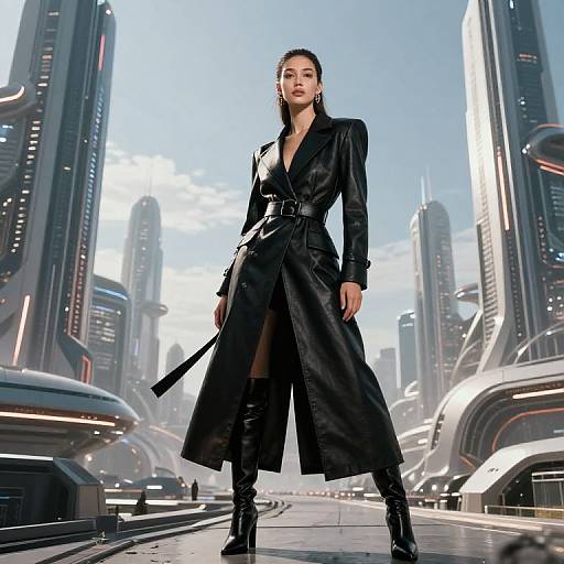 Futuristic Woman in Black Leather Trench Coat in Sci-Fi City