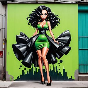 Vibrant Mural of Stylish Woman in Green Dress