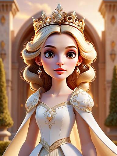 Digital 3D Animated Princess in White and Gold Gown with Crown