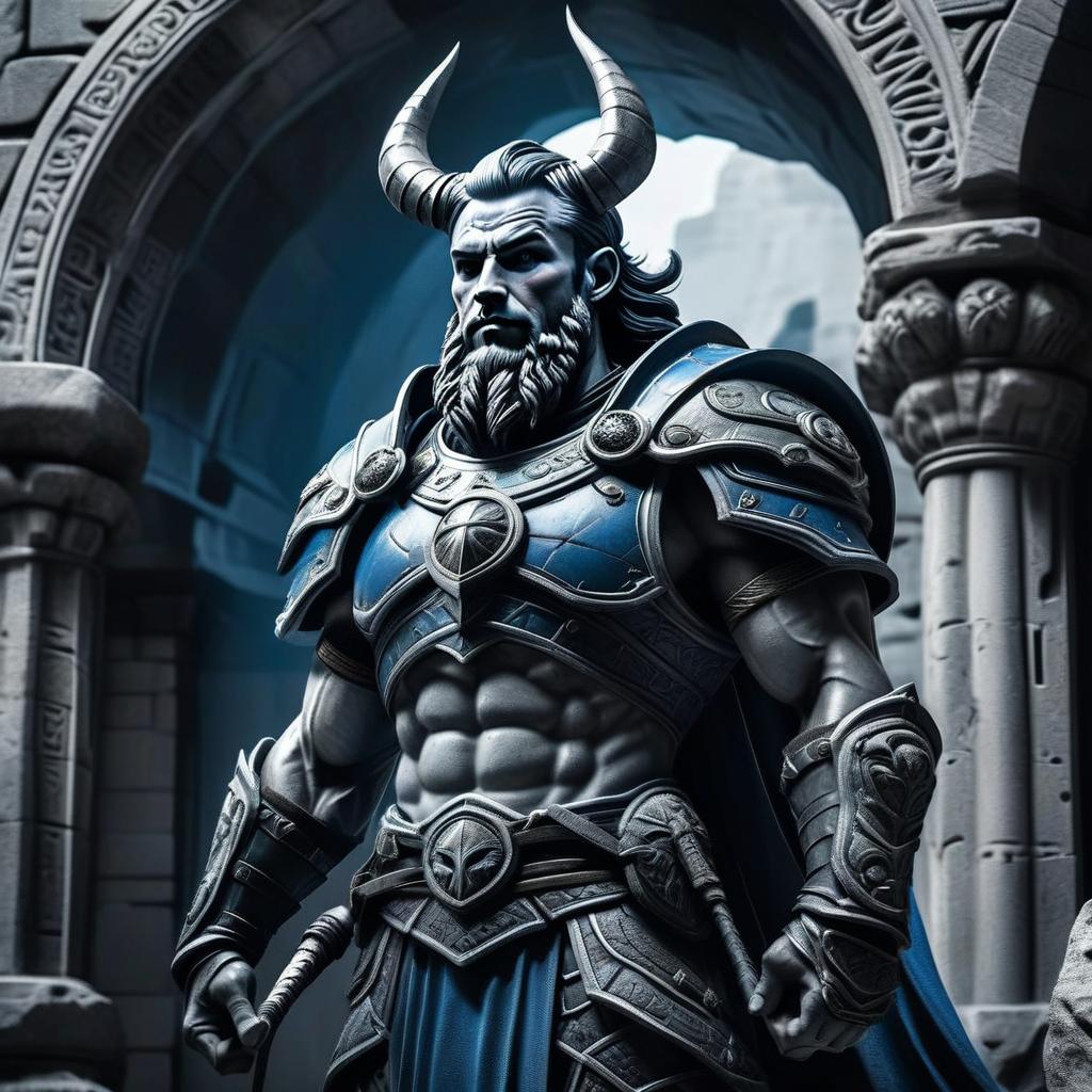 Fantasy Horned Warrior in Ornate Blue Armor Standing in Stone Archway