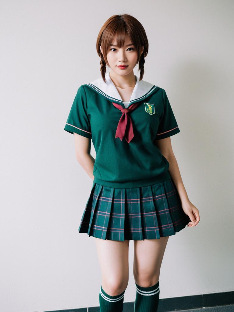 Young Woman in Green Japanese School Uniform with Plaid Skirt