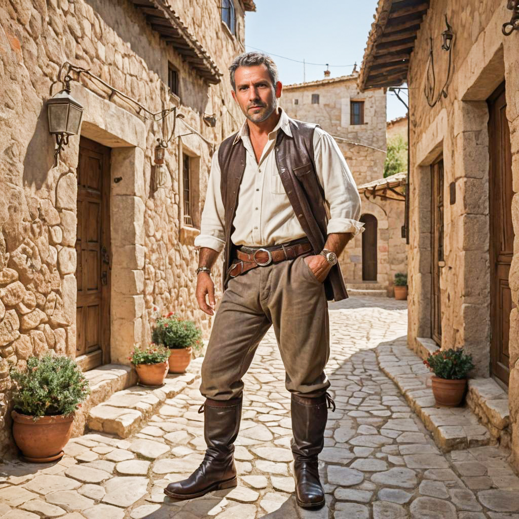 Confident man in rustic outfit on cobblestone street