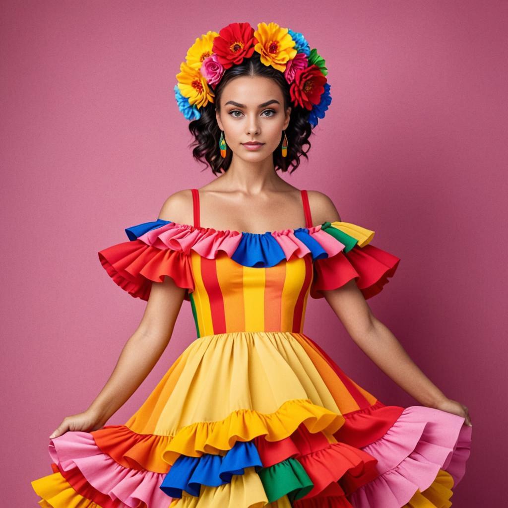 Joyful Woman in Colorful Ruffled Dress