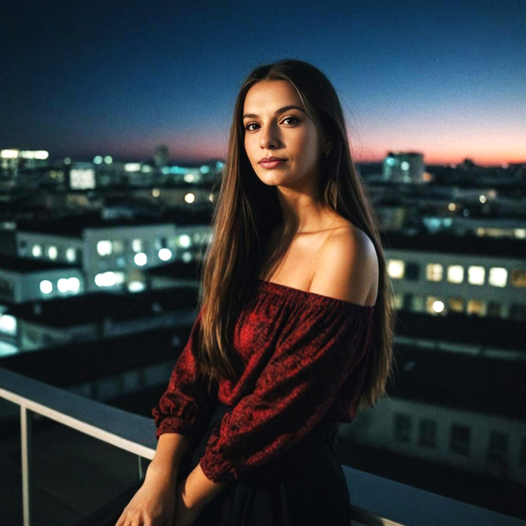 Woman with Long Hair Against Twilight Cityscape