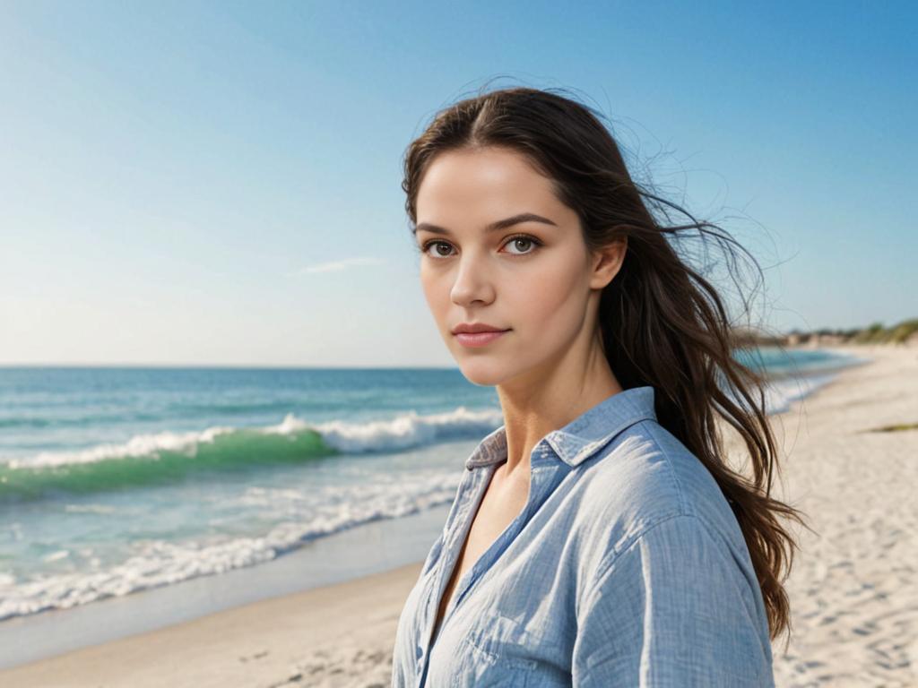 Casual Woman in Denim Shirt at Beach