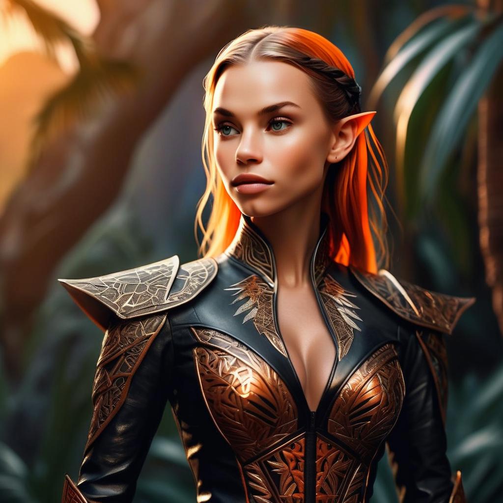 Elven Woman in Ornate Fantasy Armor with Fiery Red Hair