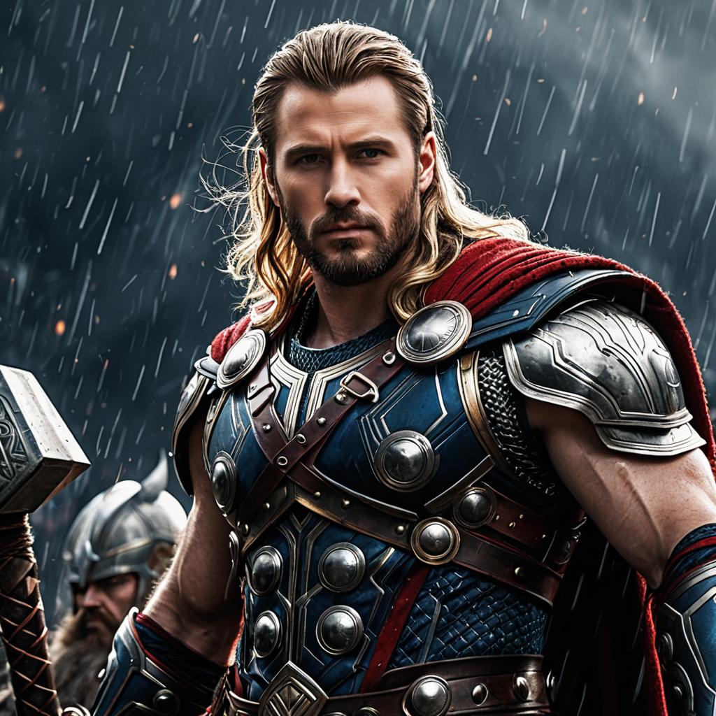 Norse Warrior Man in Detailed Armor with Red Cape Under Rain