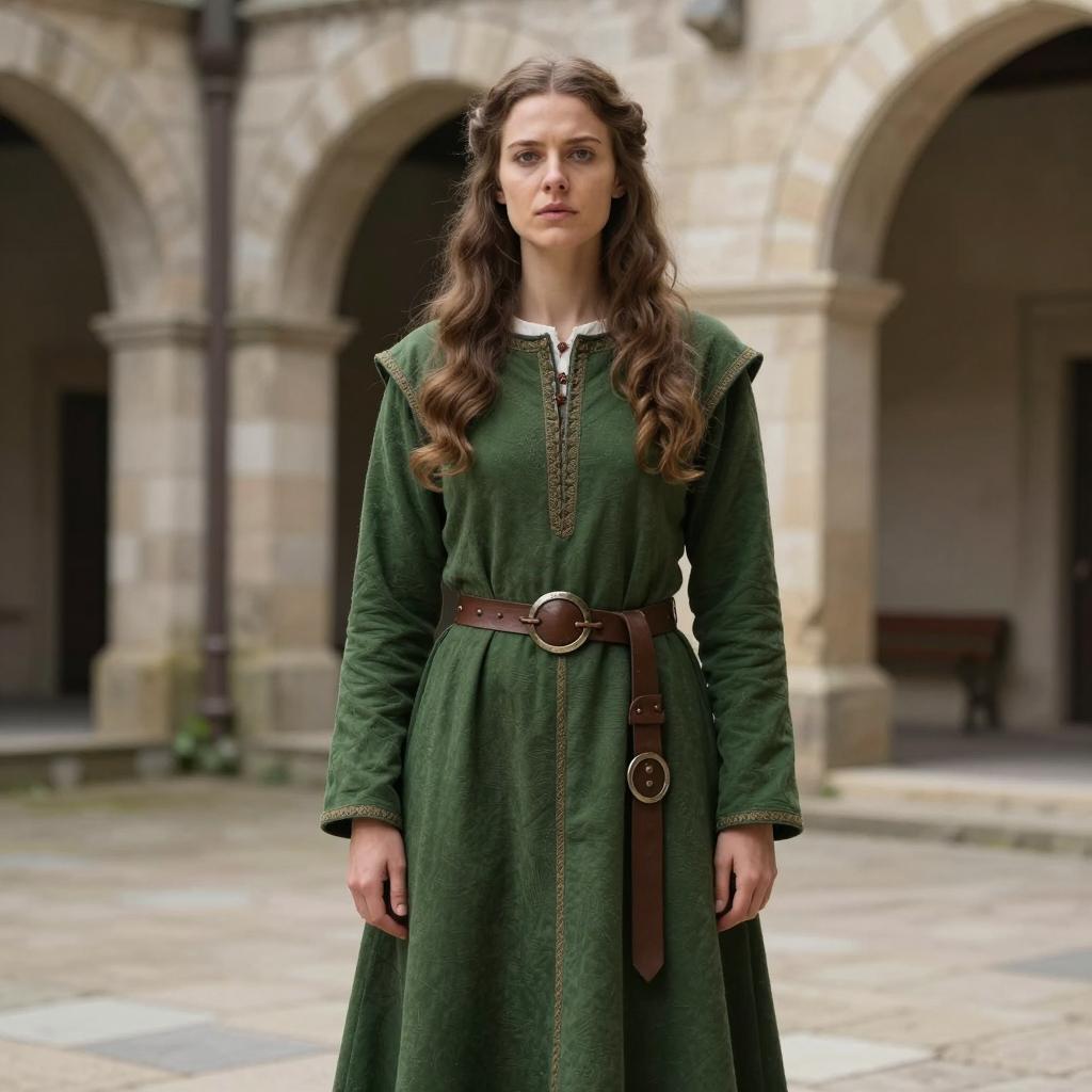 Medieval Woman in Green Dress with Leather Belt Standing in Historic Courtyard