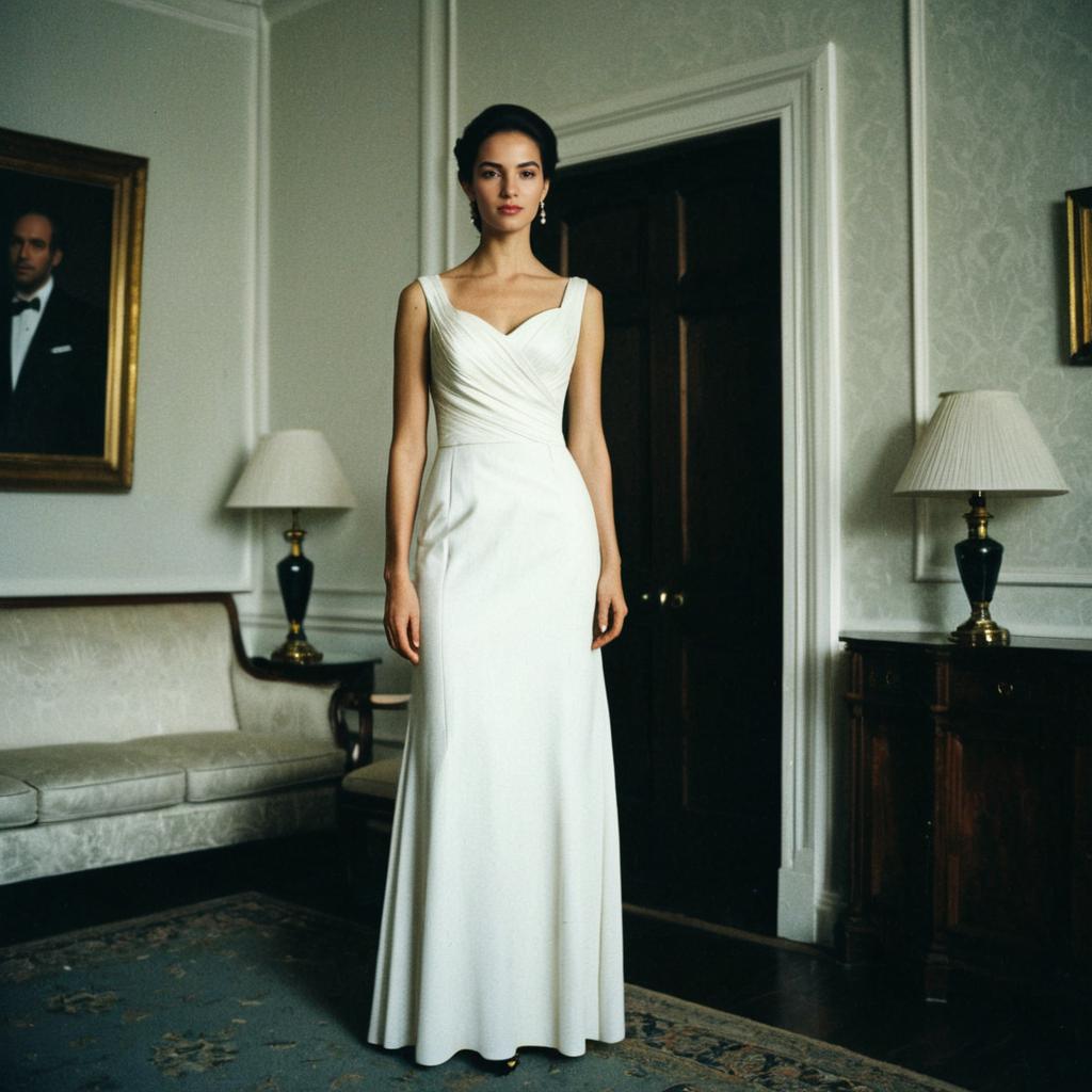 Elegant Woman Wearing Tall White Formal Dress in Vintage Room