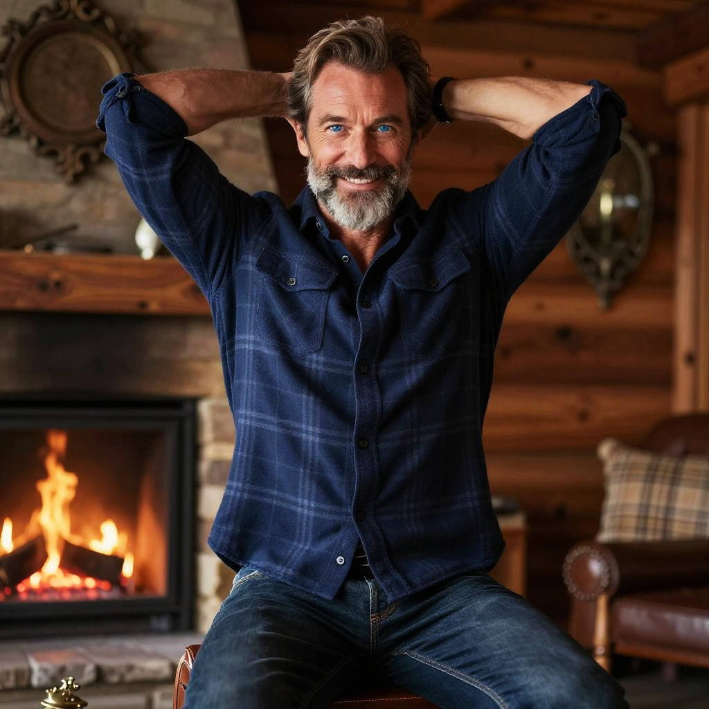 Relaxed Middle-Aged Man in Cozy Cabin by Fireplace Wearing Blue Plaid Shirt