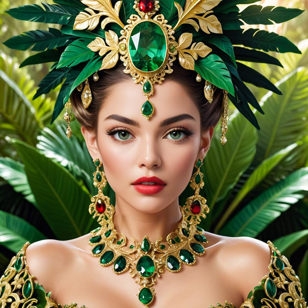 Regal Woman in Golden Jewelry with Tropical Foliage