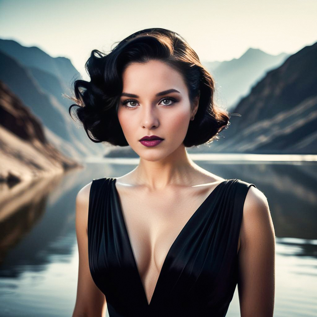 Elegant Woman in Black Dress by Mountain Lake Elegant Woman in Black Dress by Mountain Lake